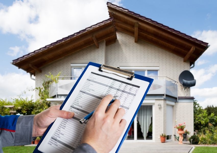 A landlord holds a walk-through inspection checklist in front of their rental home.